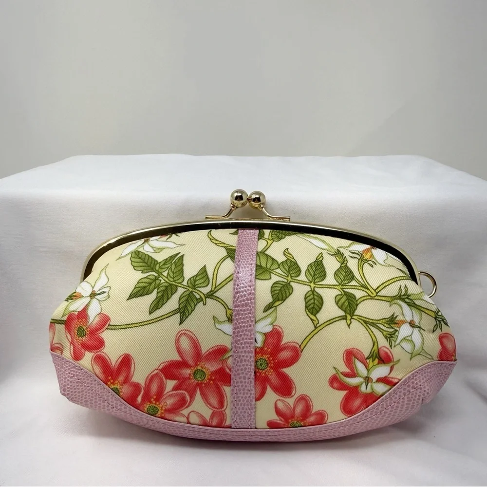 Joan Rivers Beauty Floral Kiss Lock Clutch Pink Gold Frame Evening Makeup Bag